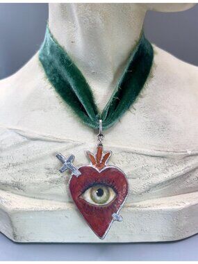 Lovers Eye Hand Painted Sacred Heart Pendant with Green Victorian Velvet Ribbon